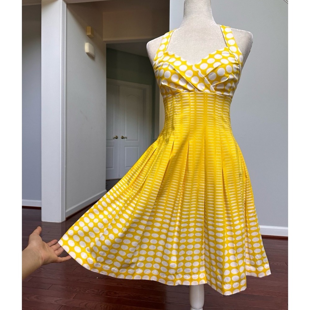 Vintage Y2K Yellow White Polka Dot Feminine Dress Summer Vacay Anthro Cotton - Picture 3 of 9